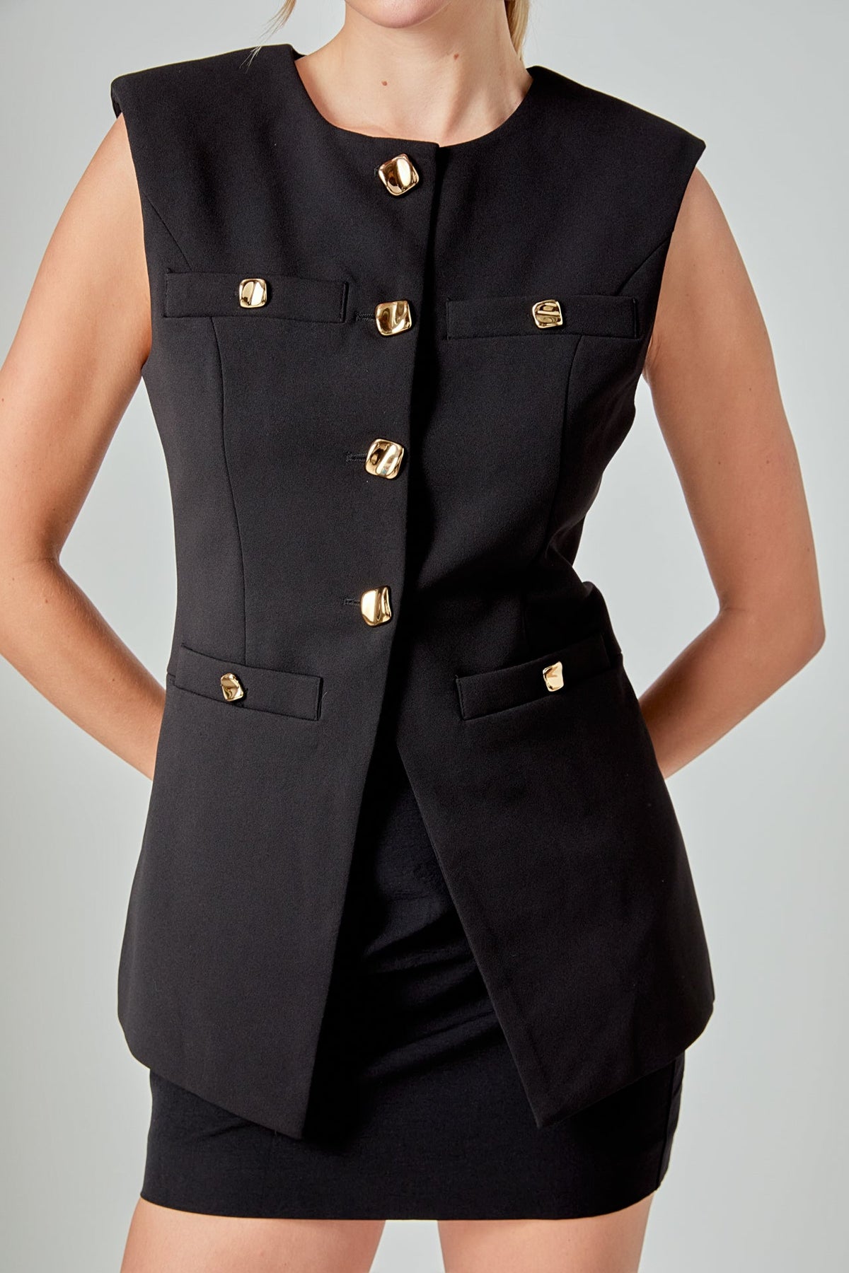 ENDLESS ROSE - Gold Button Detail Long Vest - JACKETS available at Objectrare