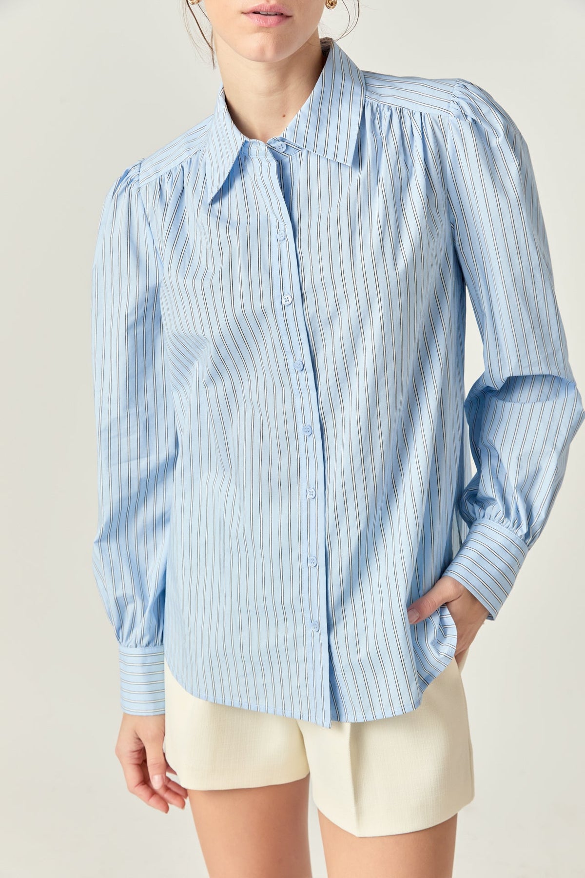 ENGLISH FACTORY - English Factory - White Stripe Button Front Shirt in Powder Blue - TOPS available at Objectrare