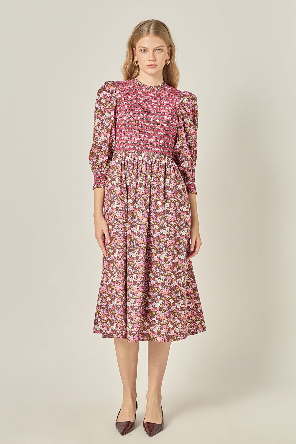ENGLISH FACTORY - Smocked Floral Midi Dress - DRESSES available at Objectrare