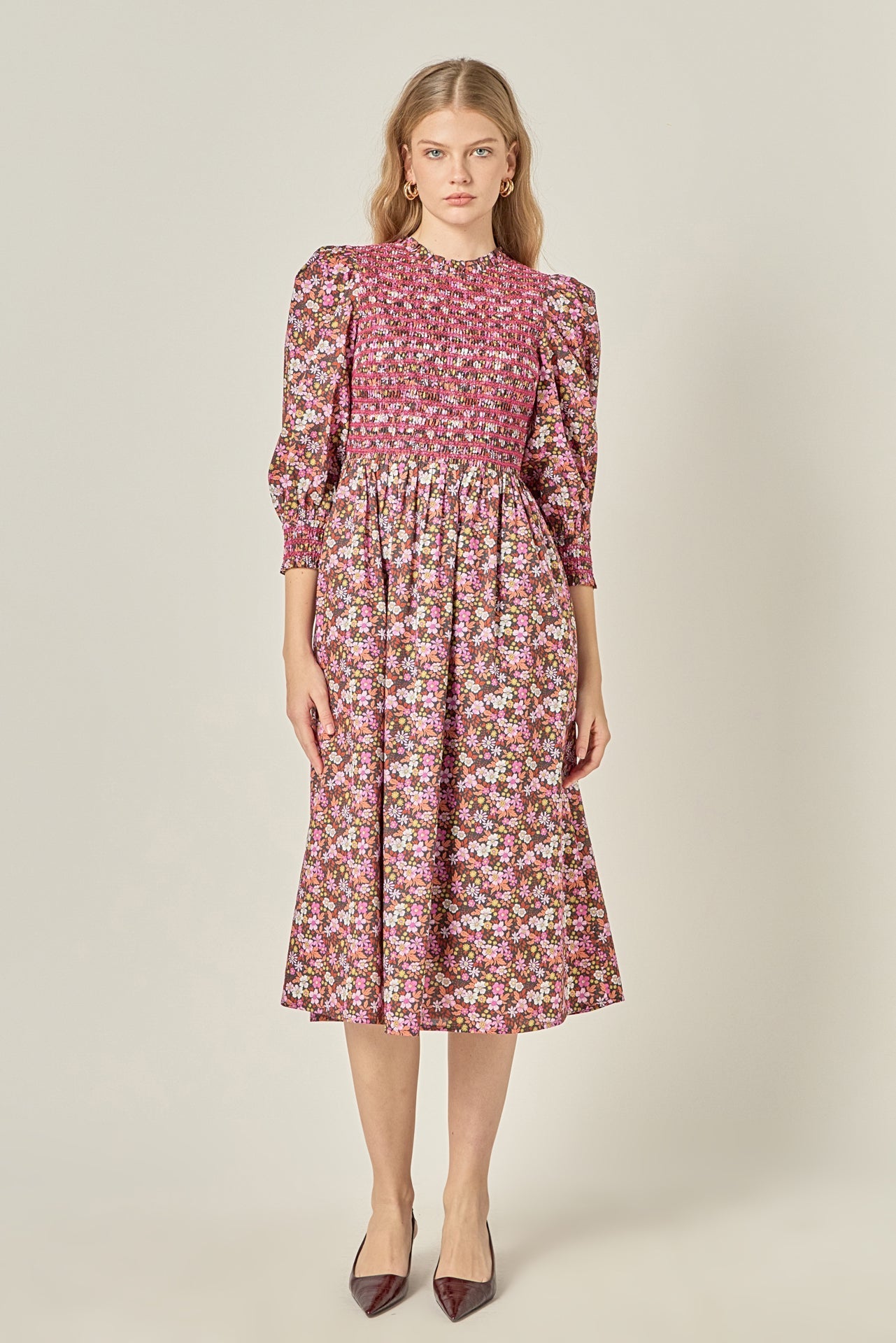 ENGLISH FACTORY - Smocked Floral Midi Dress - DRESSES available at Objectrare