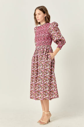 ENGLISH FACTORY - Smocked Floral Midi Dress - DRESSES available at Objectrare