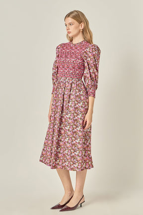ENGLISH FACTORY - Smocked Floral Midi Dress - DRESSES available at Objectrare