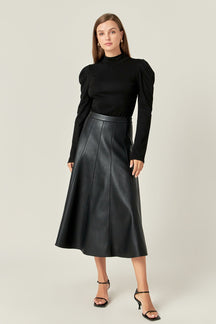 ENGLISH FACTORY - Flare Faux Leather Midi Skirt - SKIRTS available at Objectrare