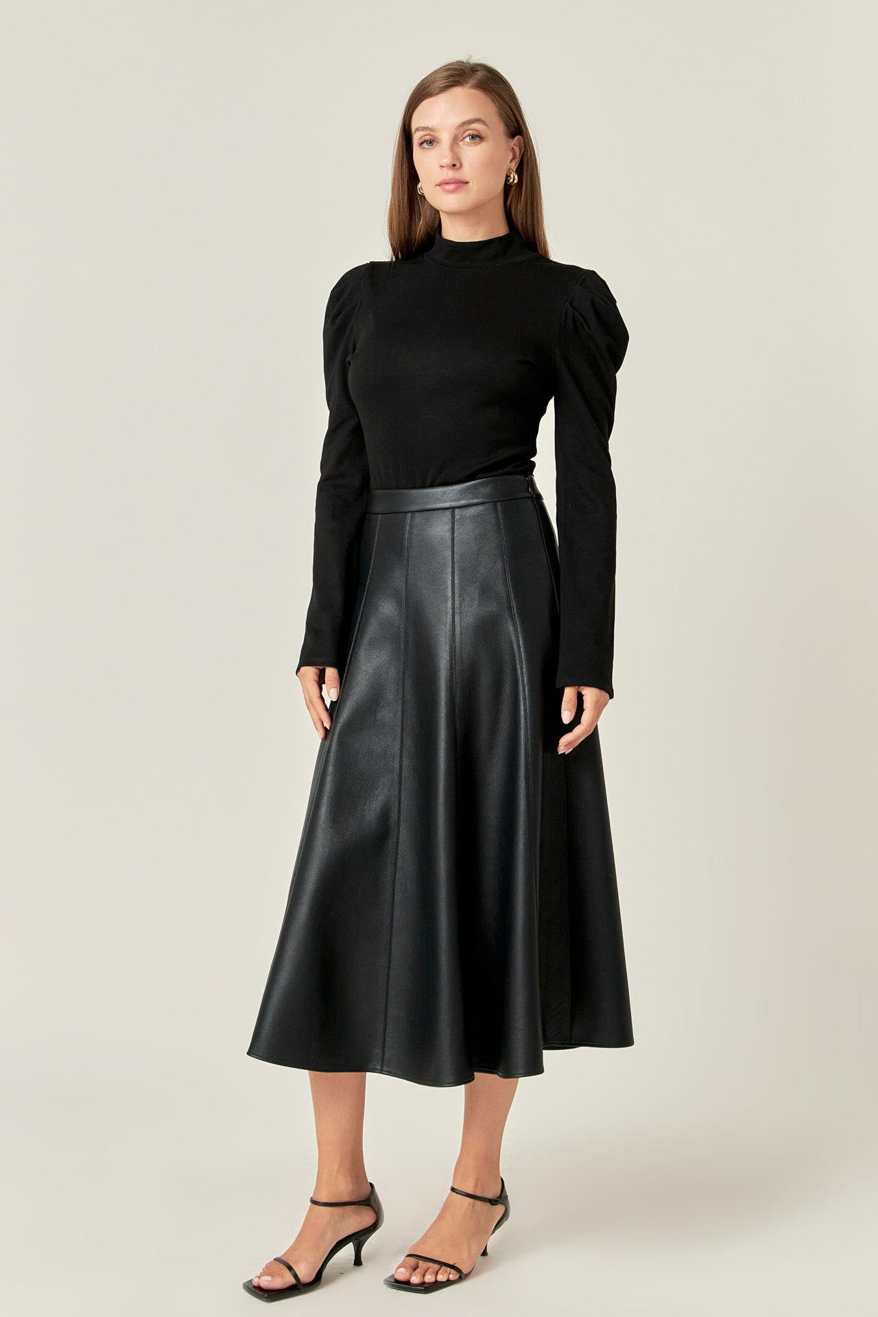 ENGLISH FACTORY - Flare Faux Leather Midi Skirt - SKIRTS available at Objectrare