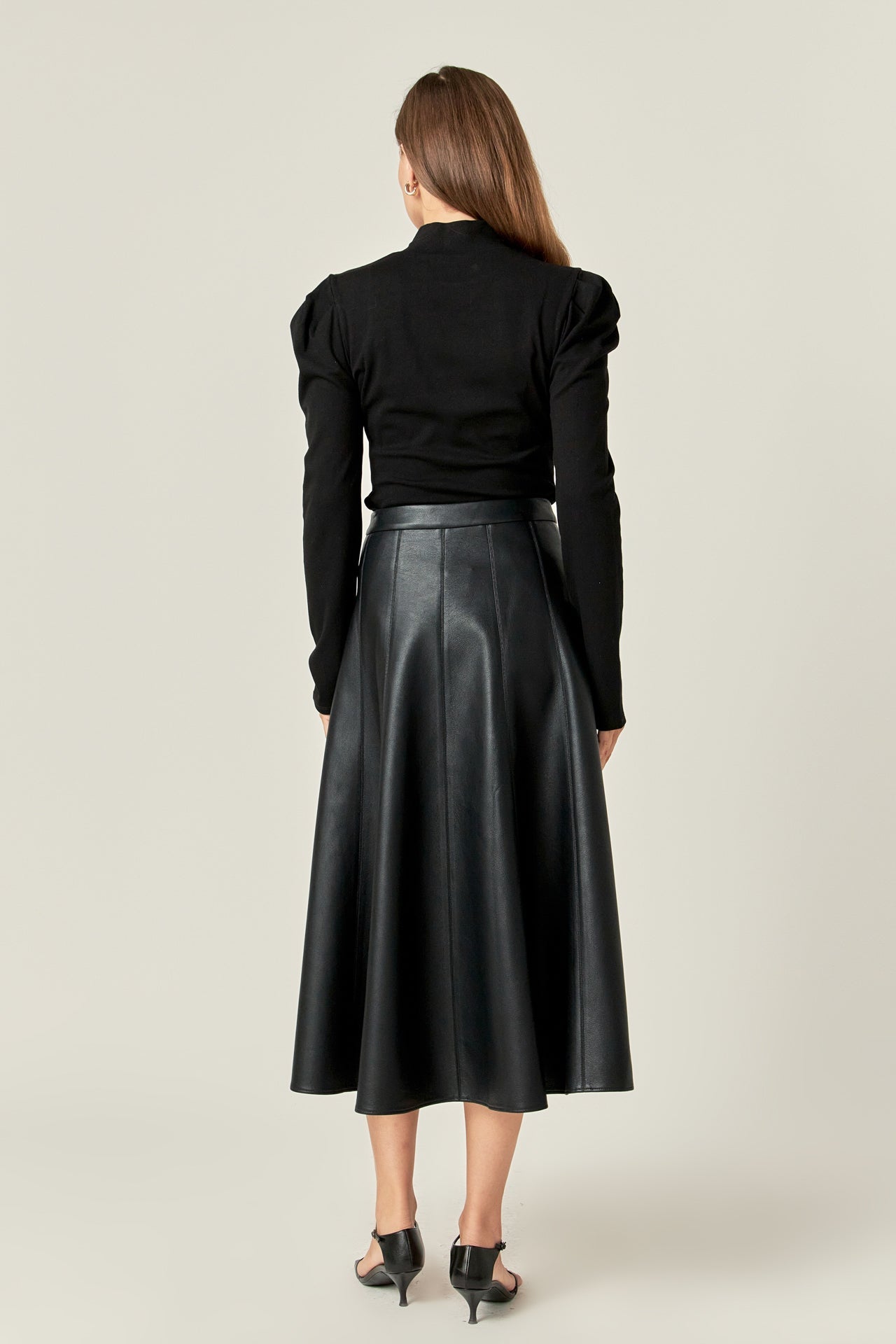 ENGLISH FACTORY - Flare Faux Leather Midi Skirt - SKIRTS available at Objectrare