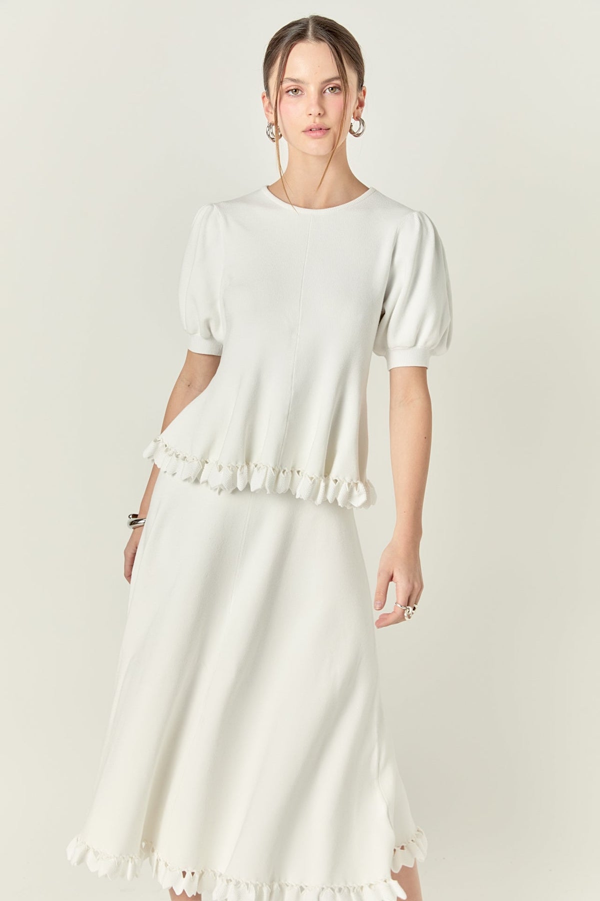 ENGLISH FACTORY - Lucia Puff Sleeve Peplum Knit Top - TOPS available at Objectrare
