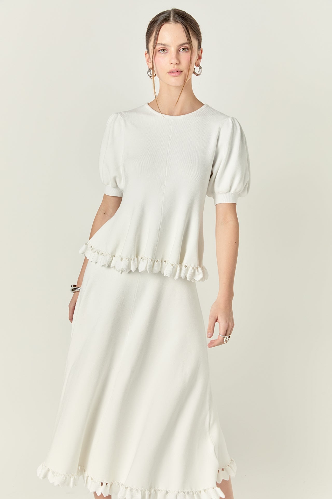 ENGLISH FACTORY - Lucia Puff Sleeve Peplum Knit Top - TOPS available at Objectrare
