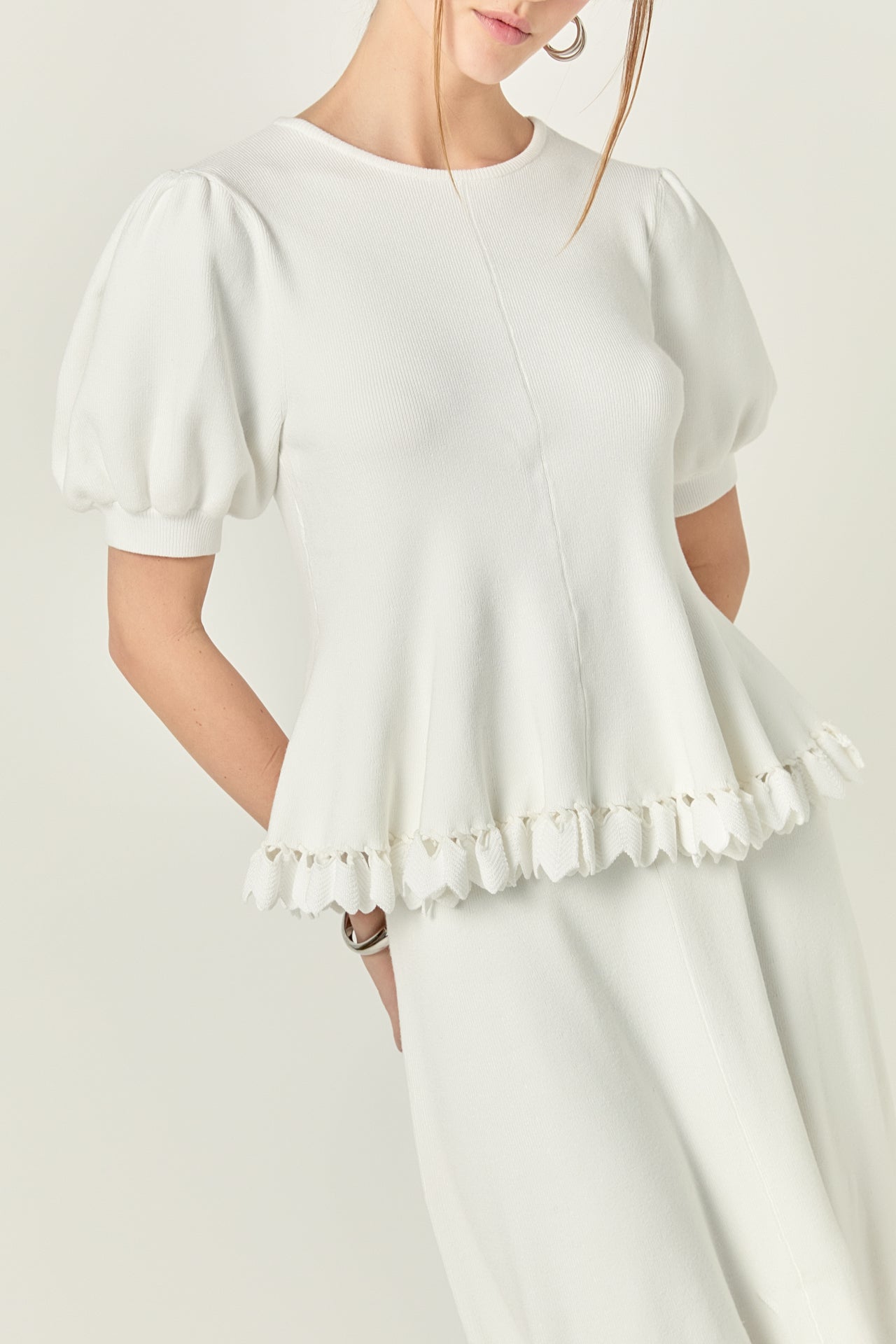 ENGLISH FACTORY - Lucia Puff Sleeve Peplum Knit Top - TOPS available at Objectrare