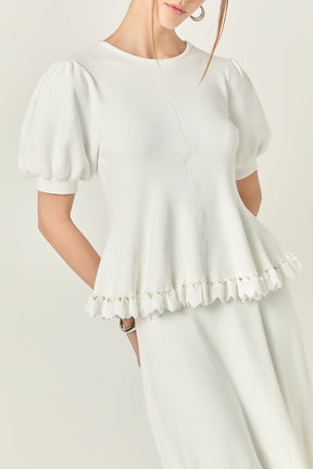 ENGLISH FACTORY - Lucia Puff Sleeve Peplum Knit Top - TOPS available at Objectrare