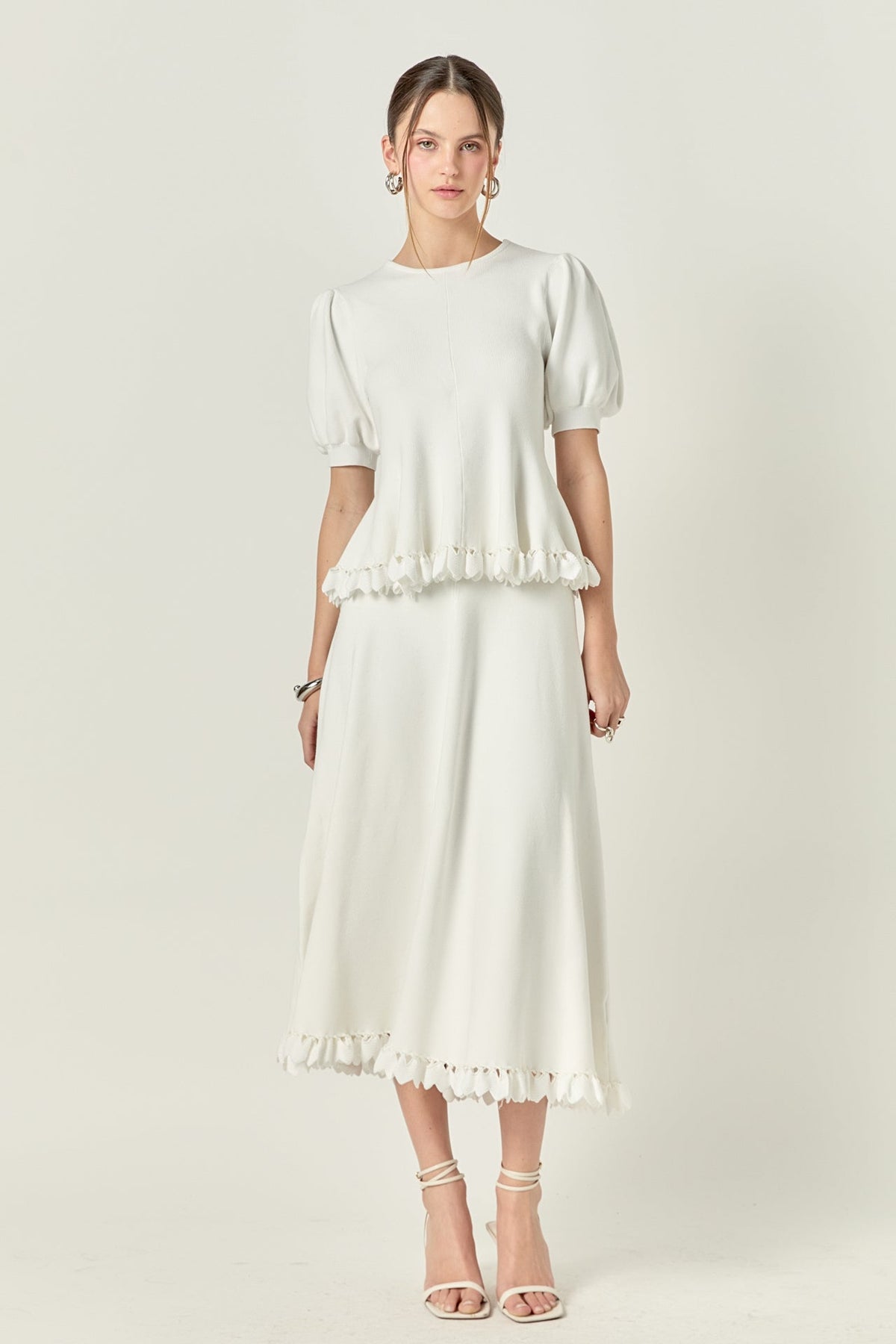 ENGLISH FACTORY - Lucia Puff Sleeve Peplum Knit Top - TOPS available at Objectrare