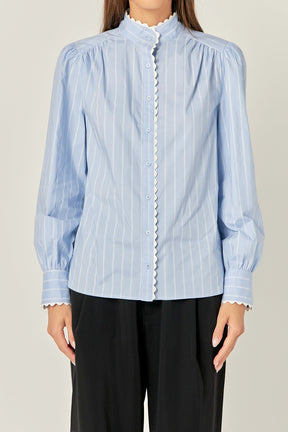 ENGLISH FACTORY - Scallop Trimmed Stripe Shirt Blouse - TOPS available at Objectrare