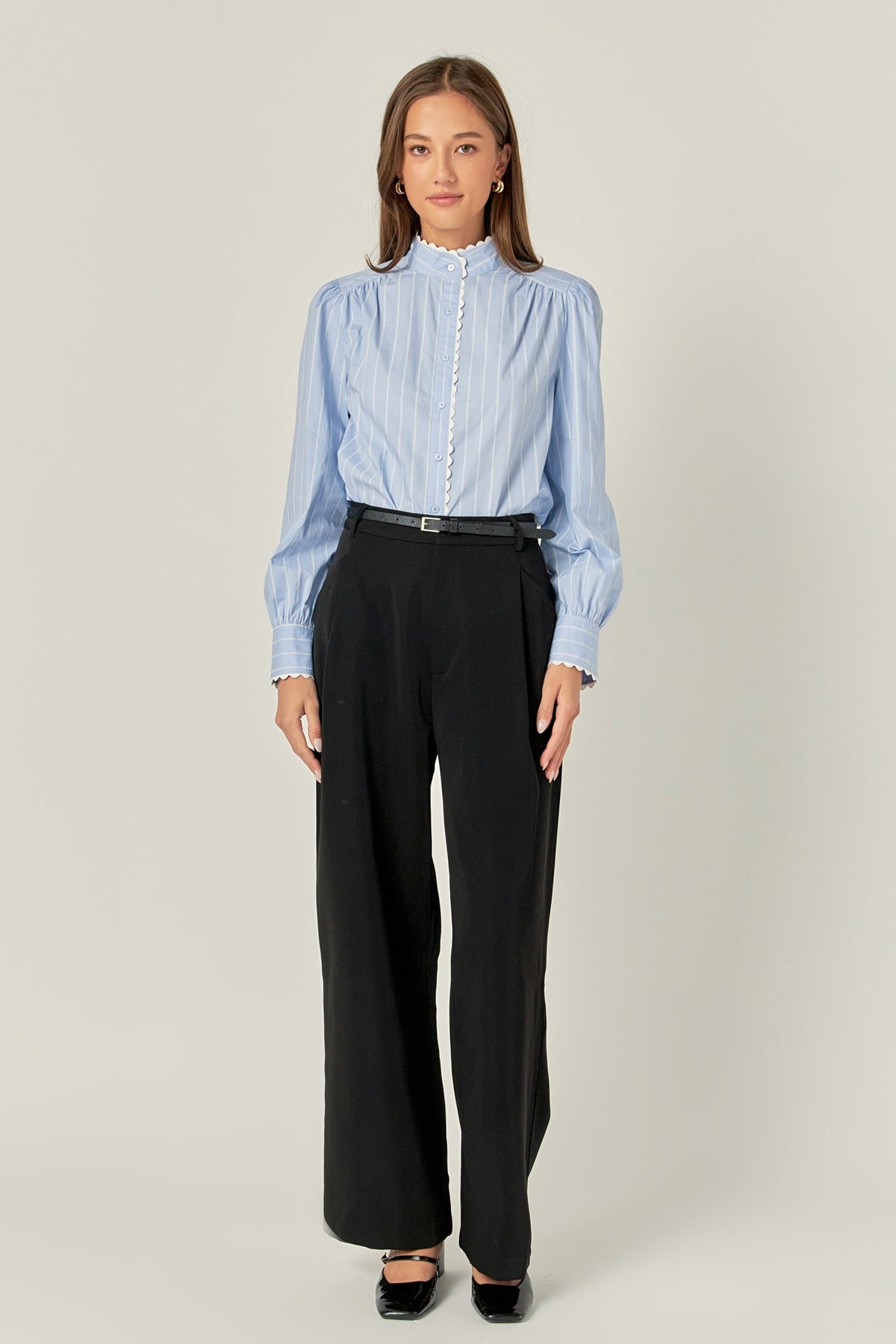 ENGLISH FACTORY - Scallop Trimmed Stripe Shirt Blouse - TOPS available at Objectrare