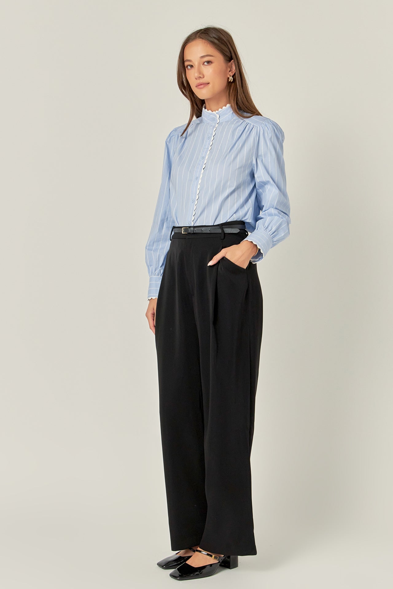 ENGLISH FACTORY - Scallop Trimmed Stripe Shirt Blouse - TOPS available at Objectrare