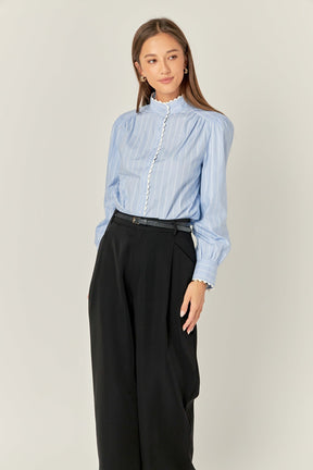 ENGLISH FACTORY - Scallop Trimmed Stripe Shirt Blouse - TOPS available at Objectrare