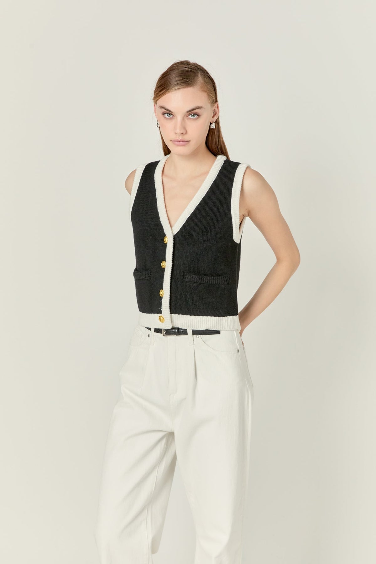 ENGLISH FACTORY - Linda Black and White Knit Vest - OUTERWEAR available at Objectrare