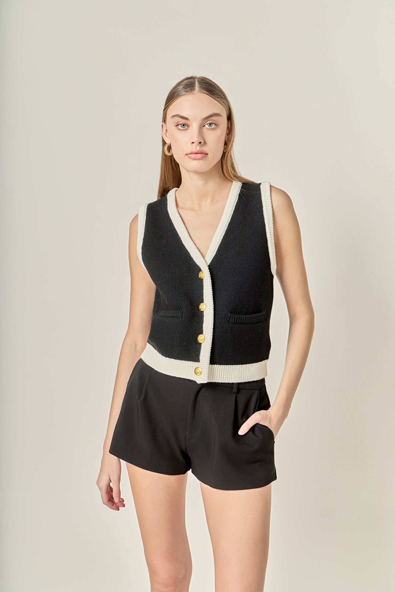 ENGLISH FACTORY - Linda Black and White Knit Vest - OUTERWEAR available at Objectrare