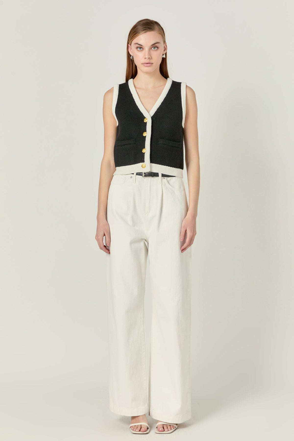 ENGLISH FACTORY - Linda Black and White Knit Vest - OUTERWEAR available at Objectrare