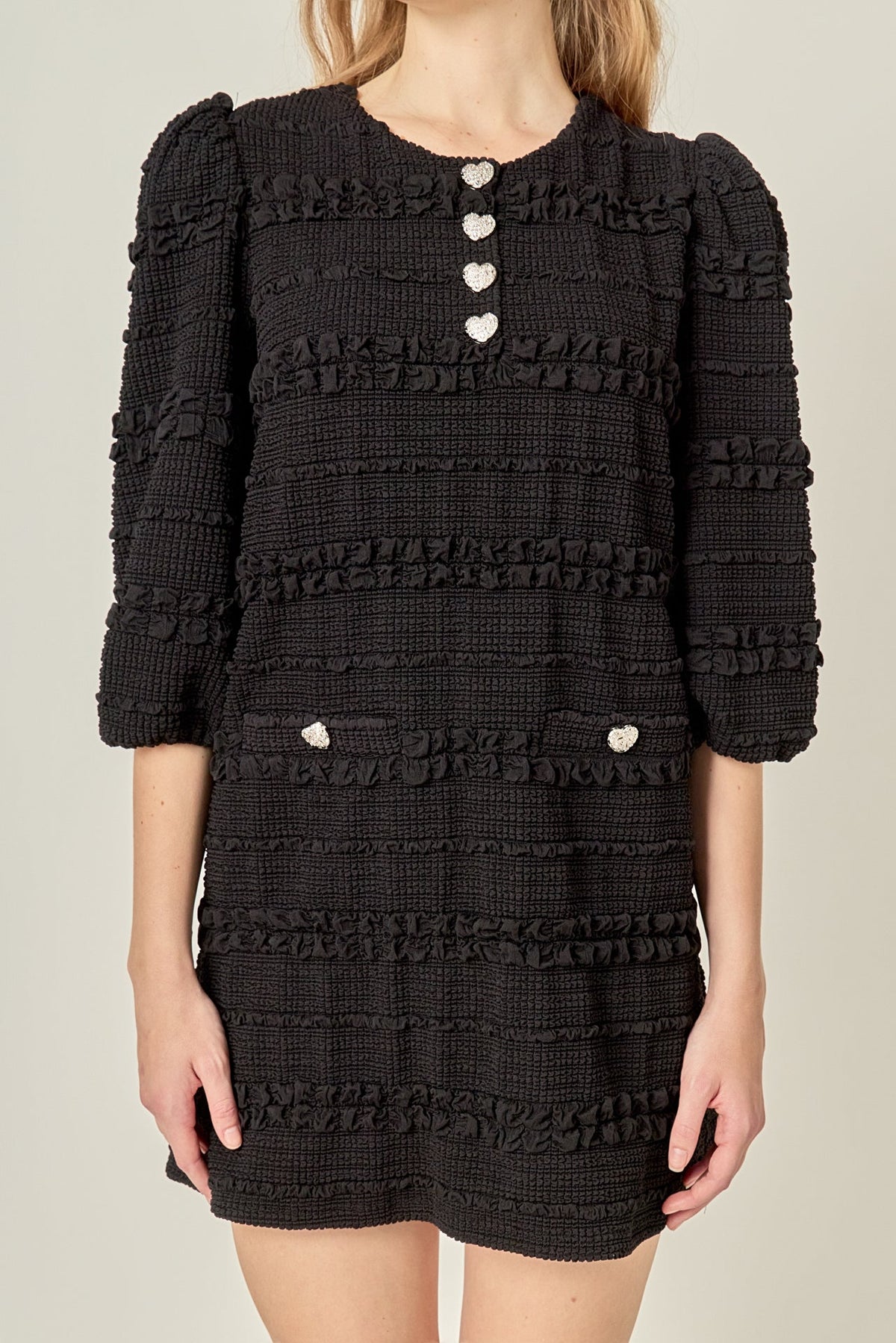 ENGLISH FACTORY - Heart Button Textured Mini Dress - DRESSES available at Objectrare