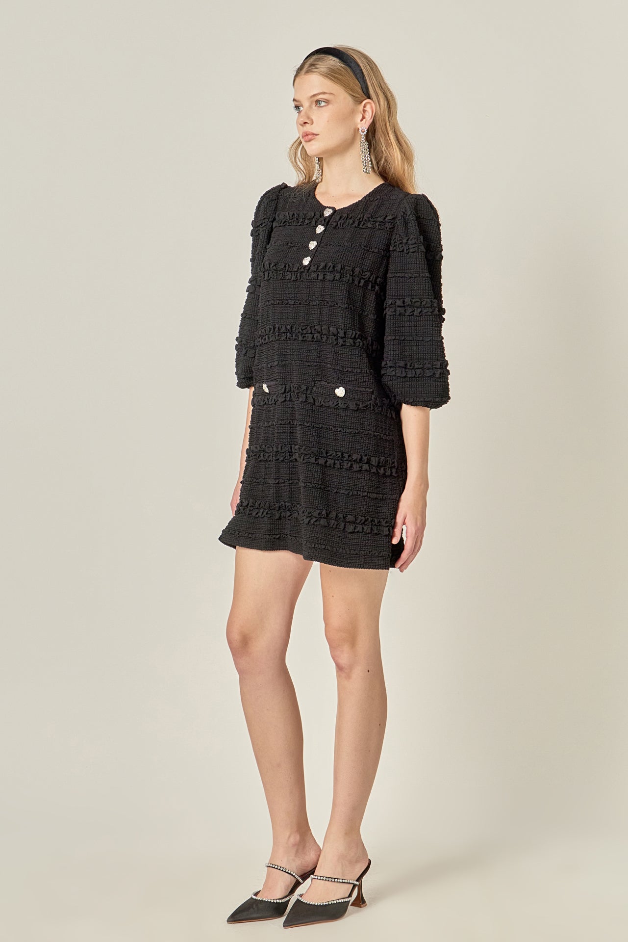 ENGLISH FACTORY - Heart Button Textured Mini Dress - DRESSES available at Objectrare