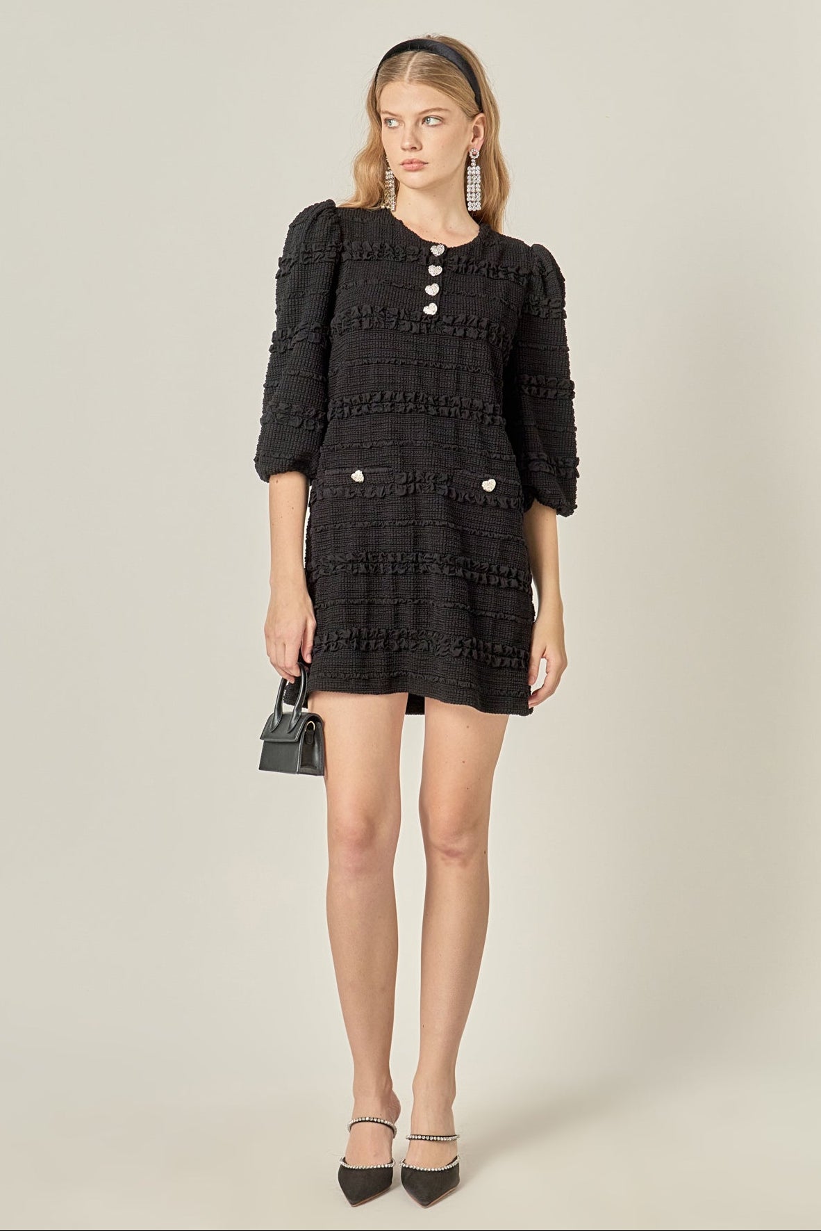 ENGLISH FACTORY - Heart Button Textured Mini Dress - DRESSES available at Objectrare