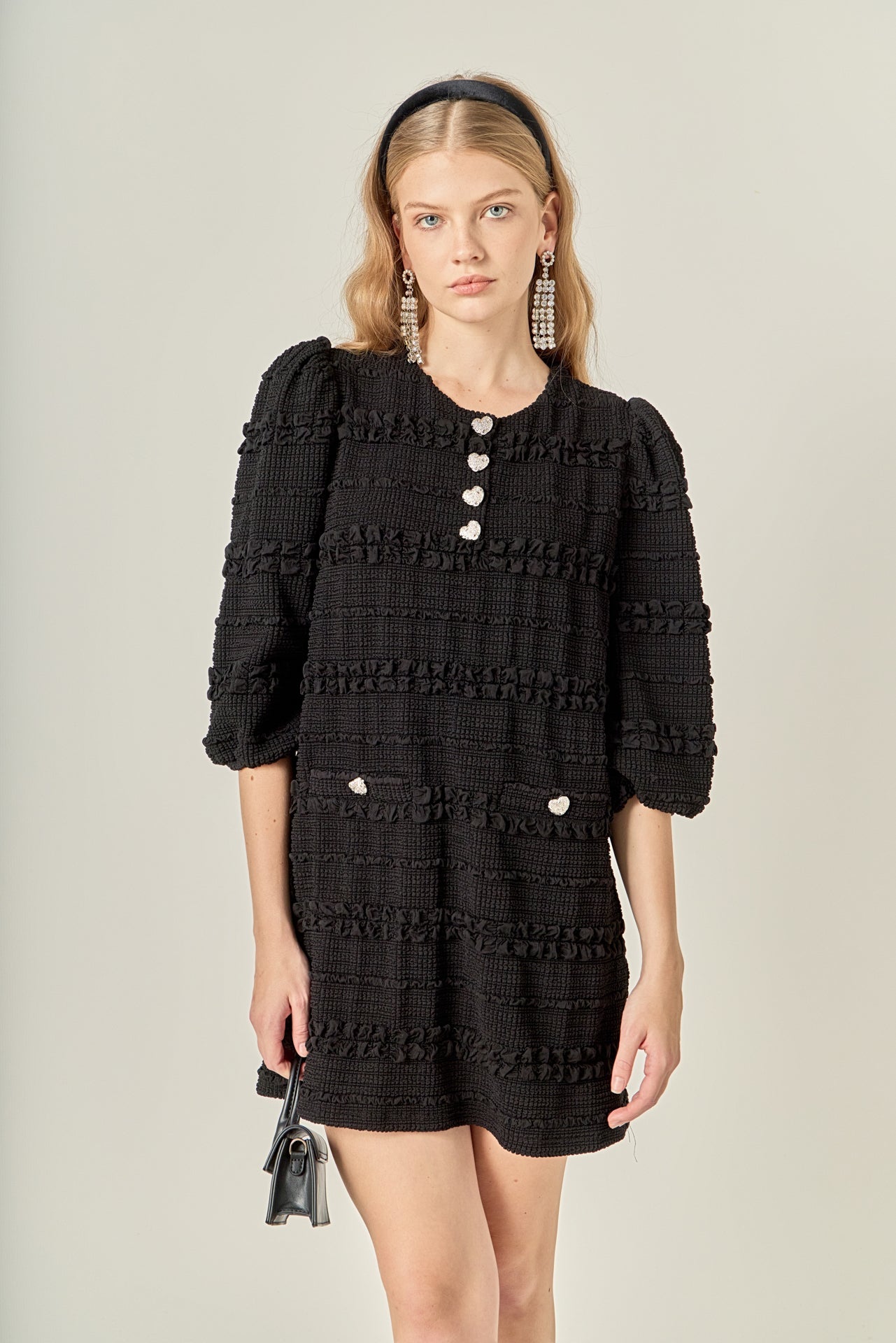 ENGLISH FACTORY - Heart Button Textured Mini Dress - DRESSES available at Objectrare