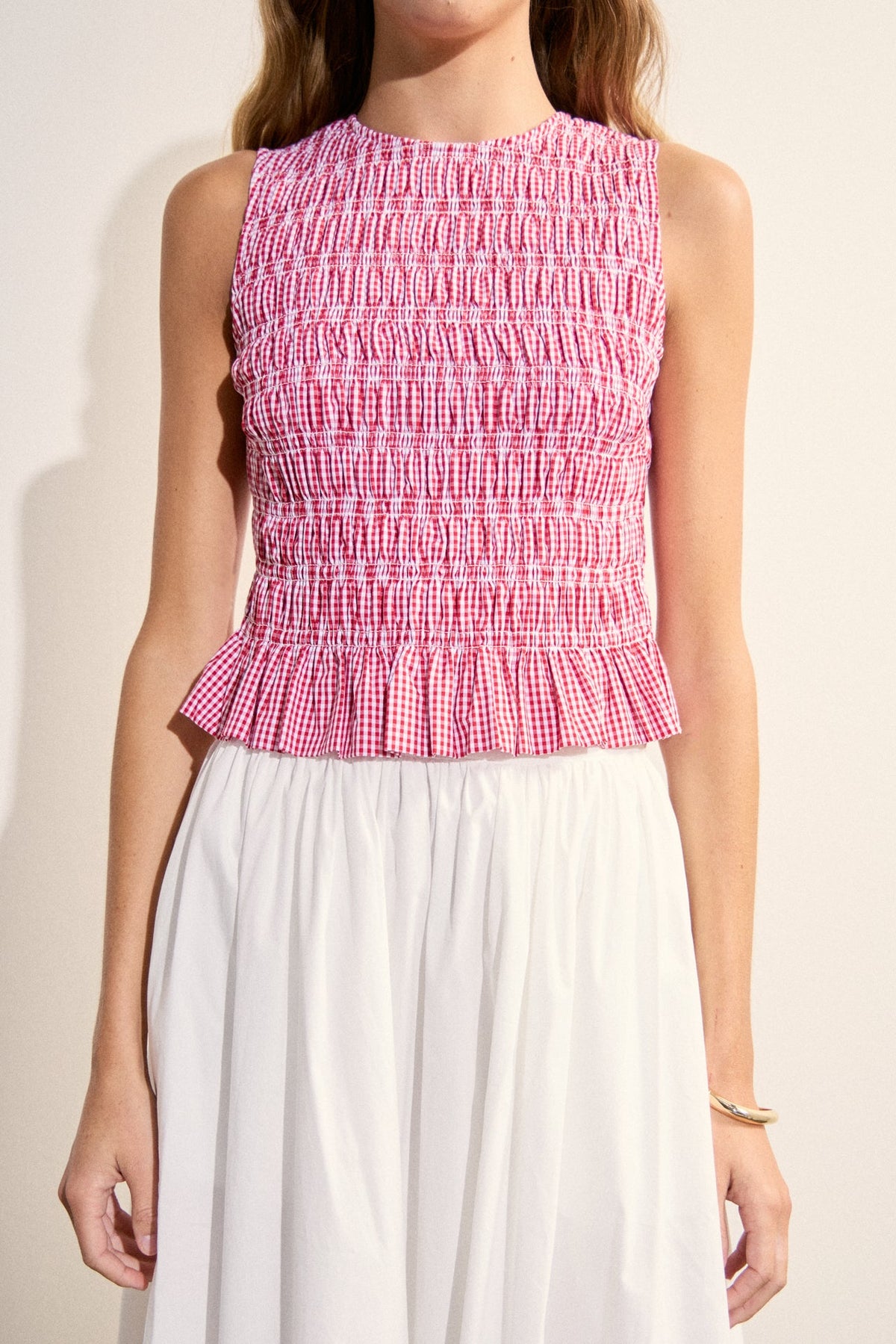 Smocked Gingham Sleeveless Top