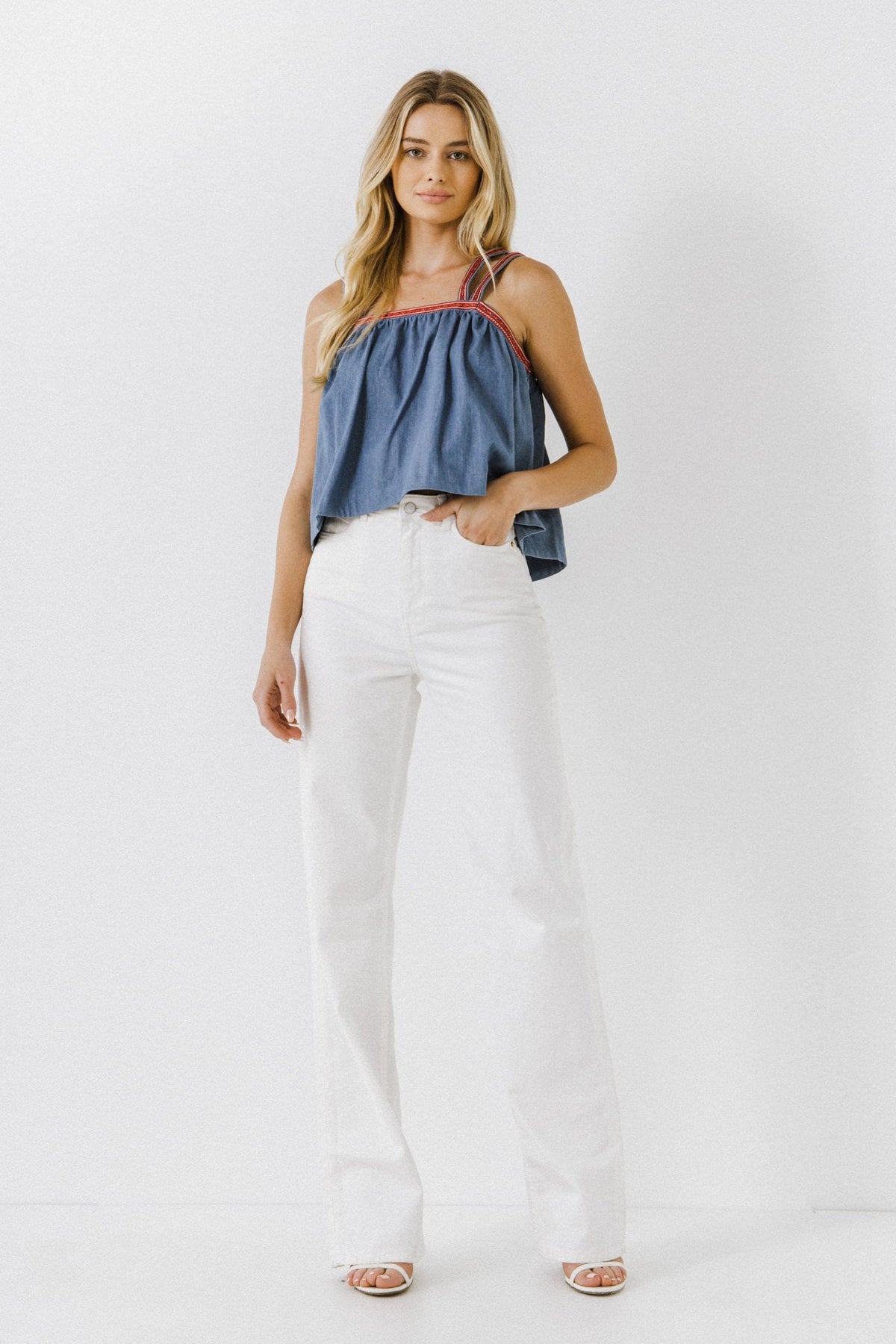 ENDLESS ROSE - Embroidery Detailed Denim Top - CAMI TOPS & TANK available at Objectrare