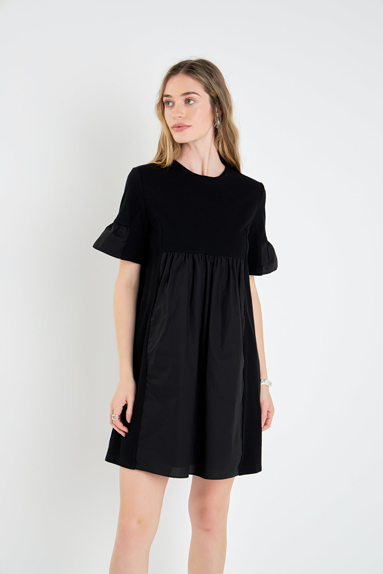 English Factory - Mixed Media Ruffled Short-Sleeve Mini Dress