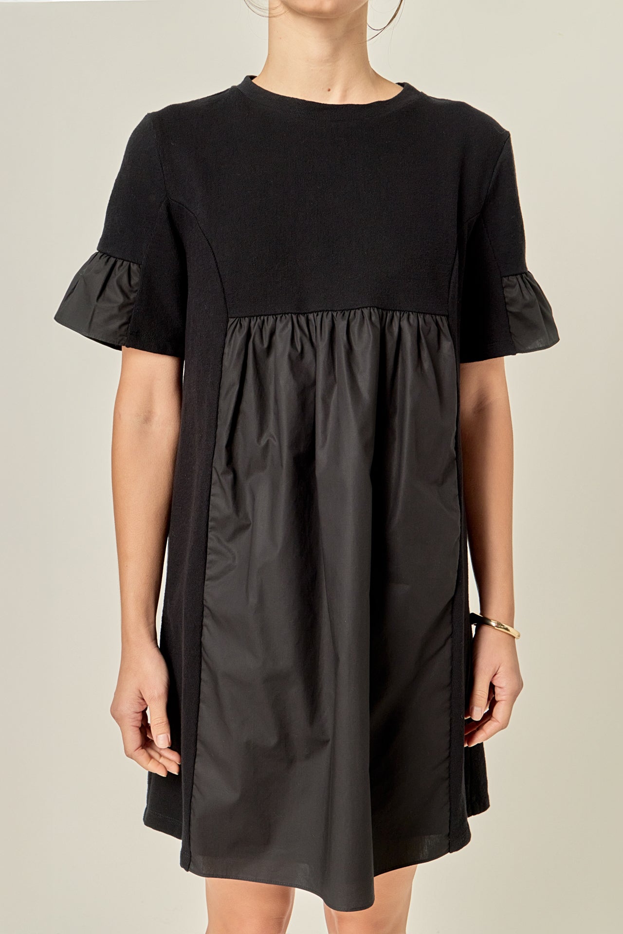 ENGLISH FACTORY - Mixed Media Ruffled Short-Sleeve Mini Dress - DRESSES available at Objectrare