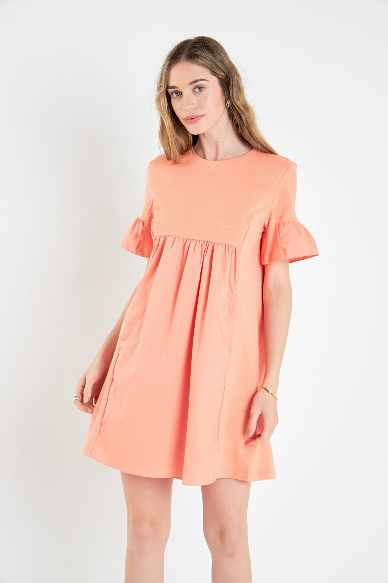 Mixed Media Ruffled Short-Sleeve Mini Dress