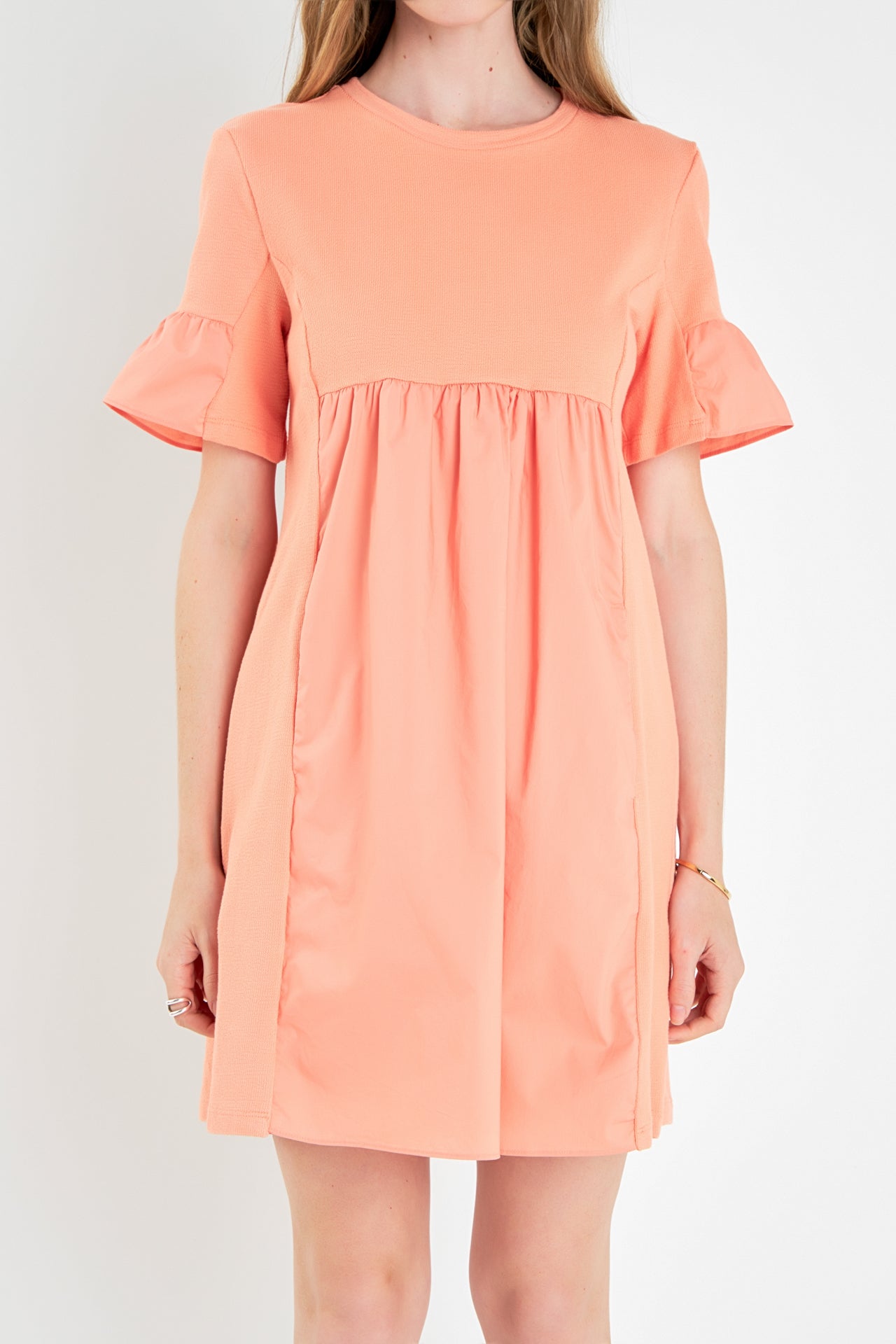 Mixed Media Ruffled Short-Sleeve Mini Dress