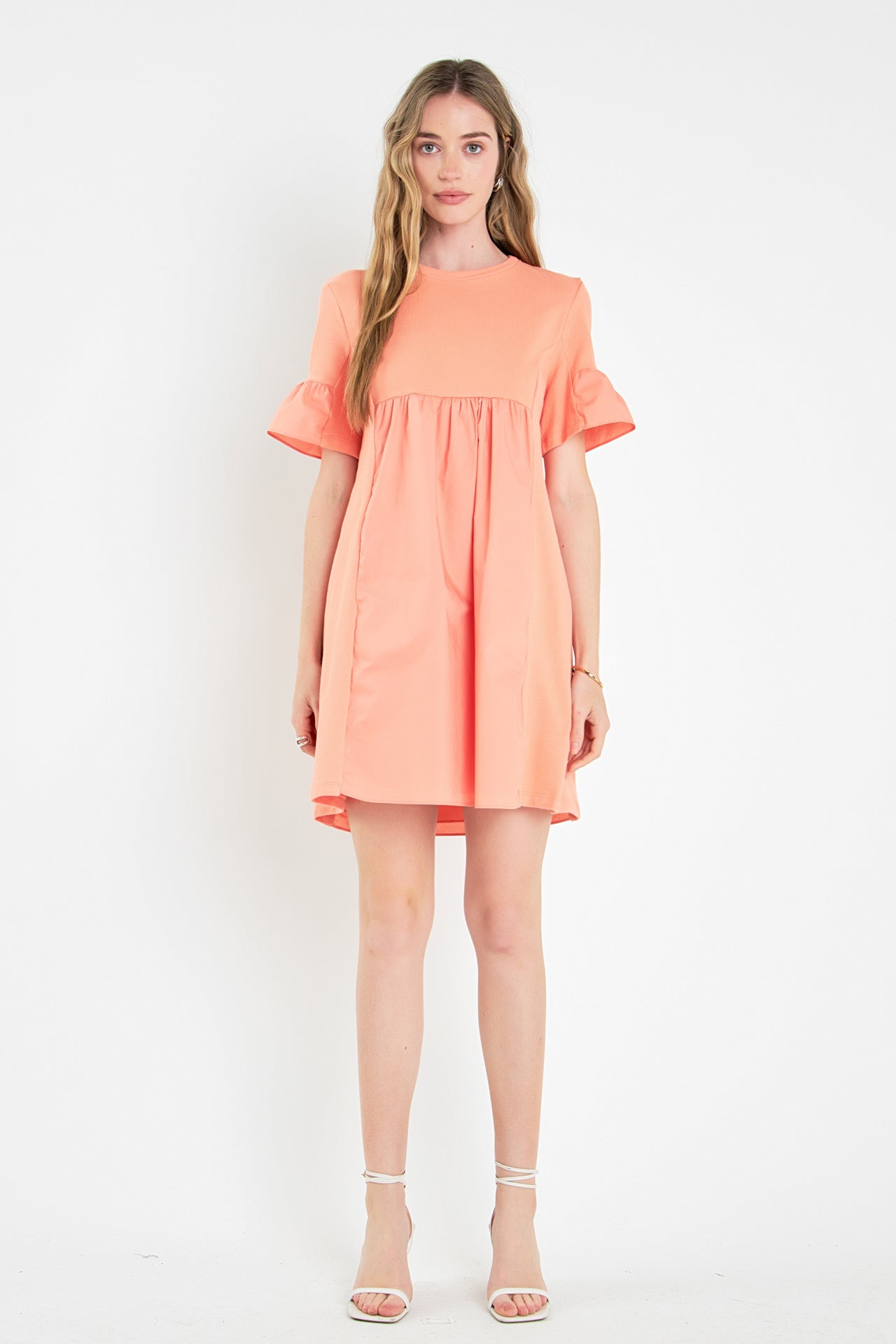 Mixed Media Ruffled Short-Sleeve Mini Dress