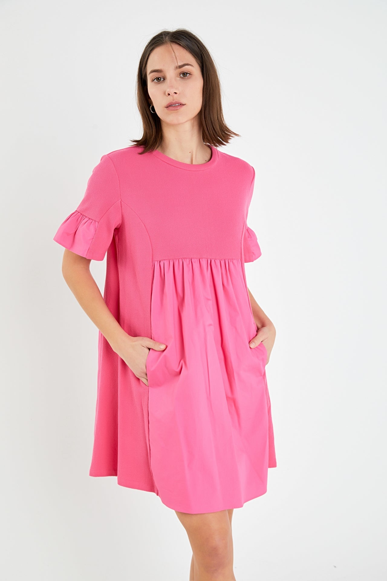 Mixed Media Ruffled Short-Sleeve Mini Dress