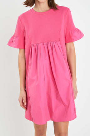 Mixed Media Ruffled Short-Sleeve Mini Dress