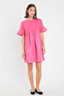 Mixed Media Ruffled Short-Sleeve Mini Dress