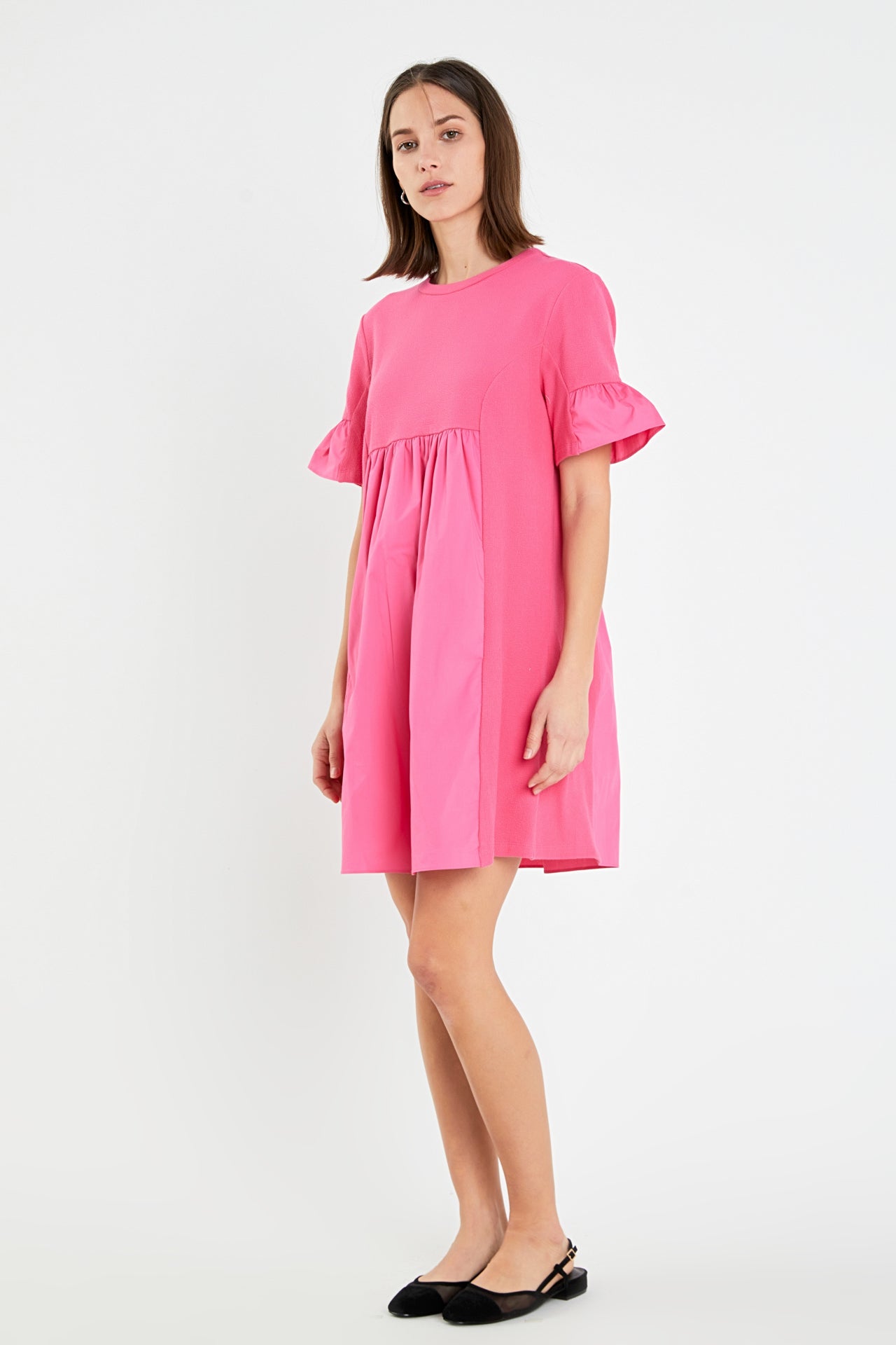Mixed Media Ruffled Short-Sleeve Mini Dress