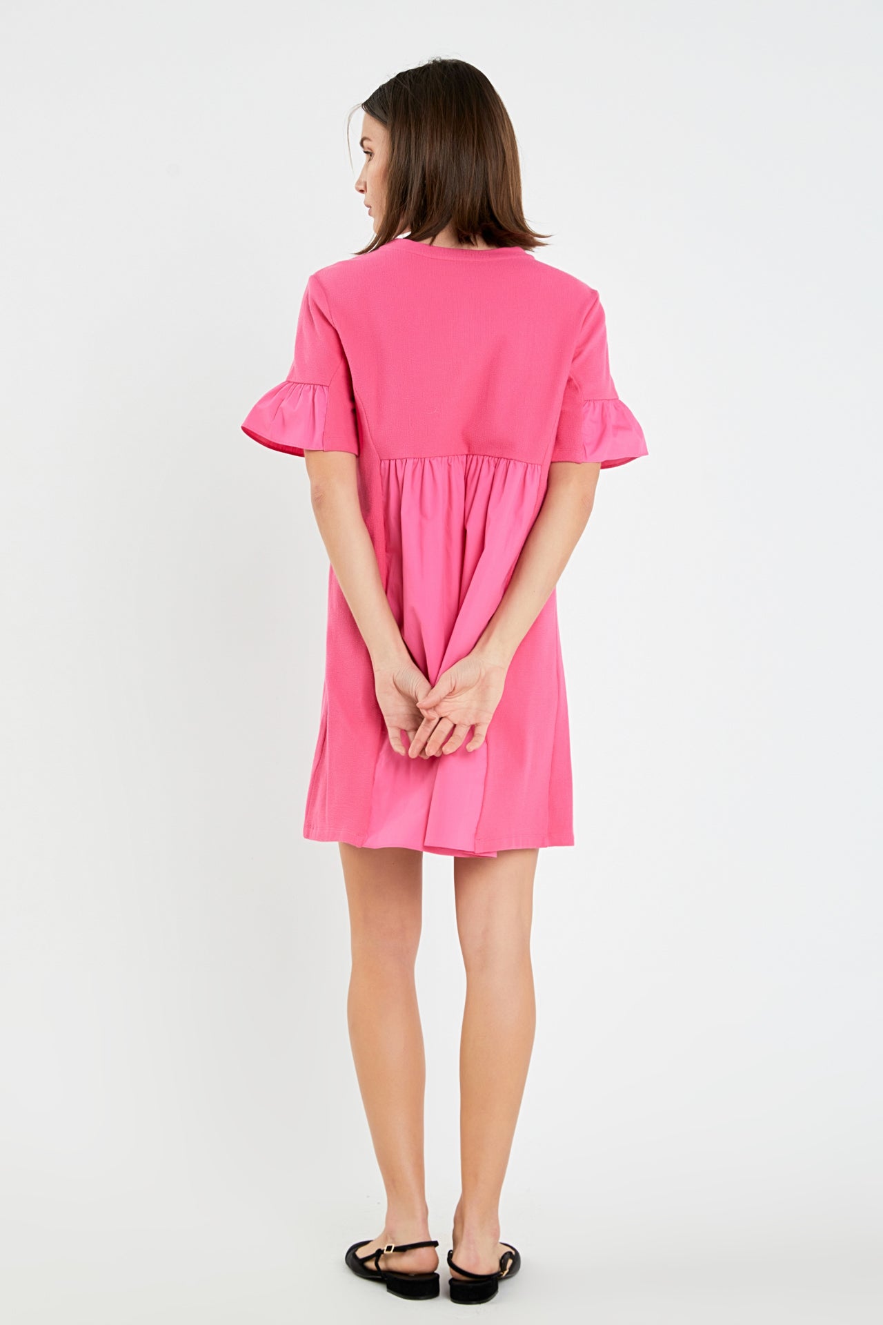 Mixed Media Ruffled Short-Sleeve Mini Dress