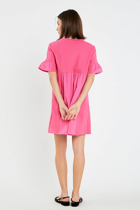 Mixed Media Ruffled Short-Sleeve Mini Dress