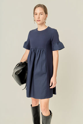 ENGLISH FACTORY - Mixed Media Ruffled Short-Sleeve Mini Dress - DRESSES available at Objectrare