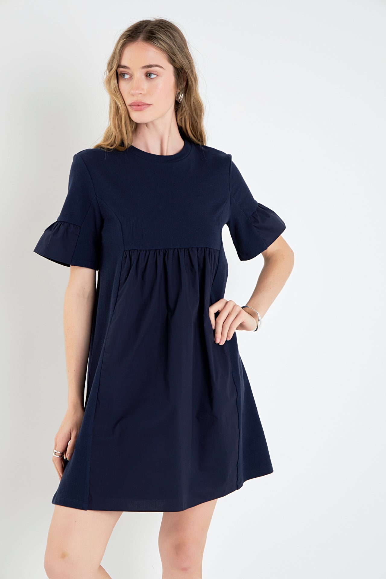 Mixed Media Ruffled Short-Sleeve Mini Dress