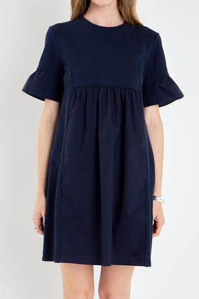 Mixed Media Ruffled Short-Sleeve Mini Dress
