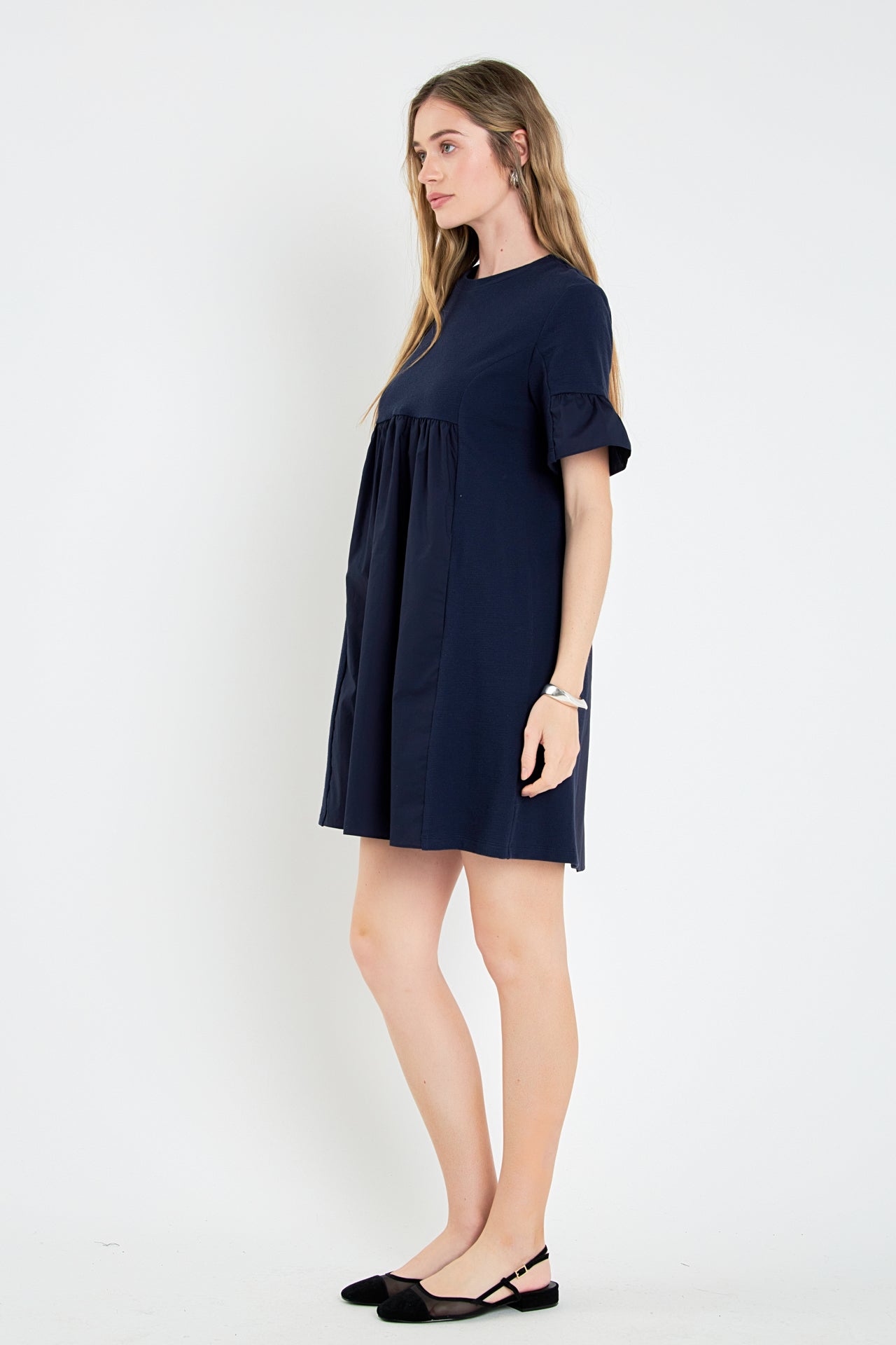 Mixed Media Ruffled Short-Sleeve Mini Dress