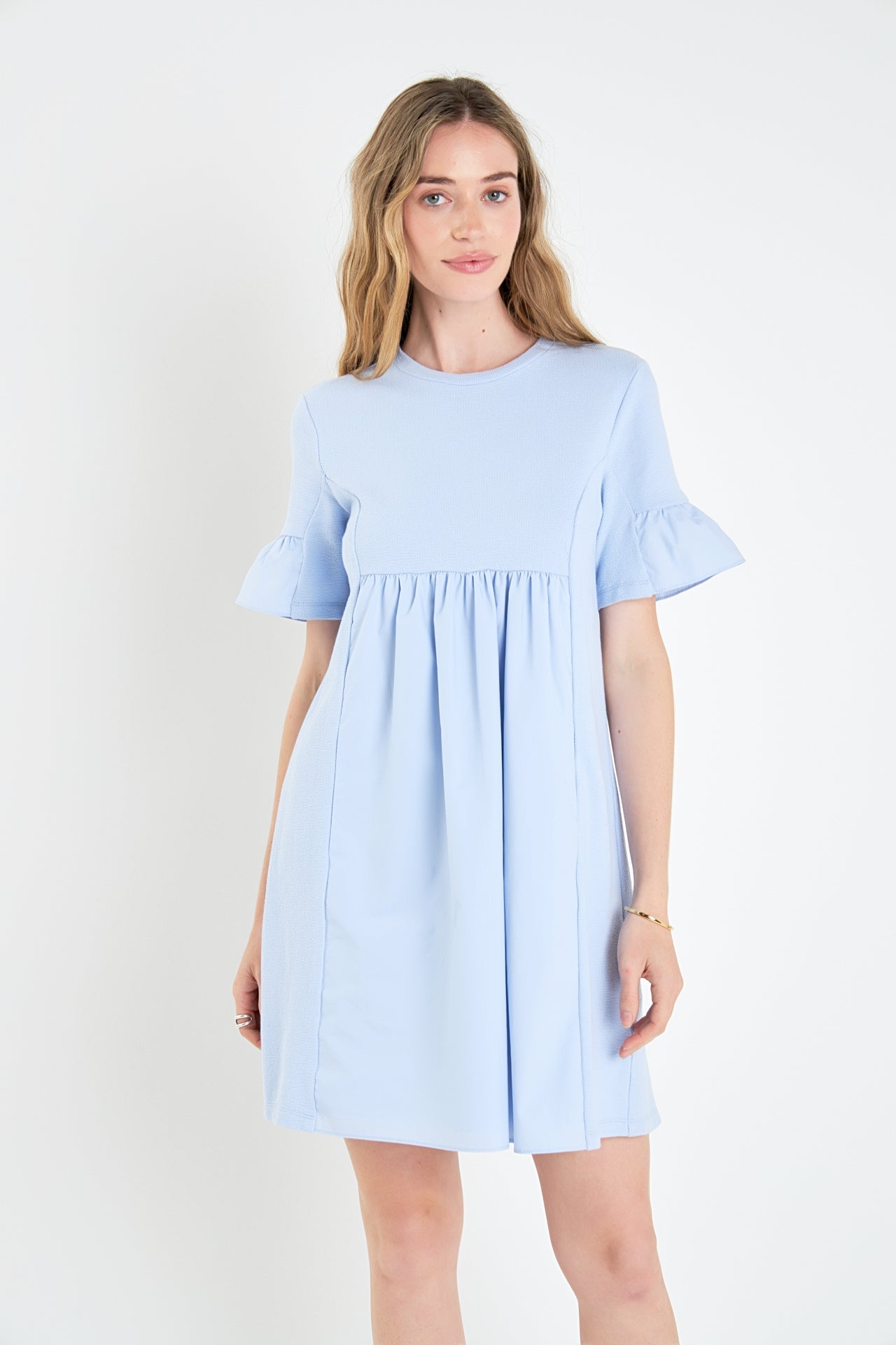 Mixed Media Ruffled Short-Sleeve Mini Dress