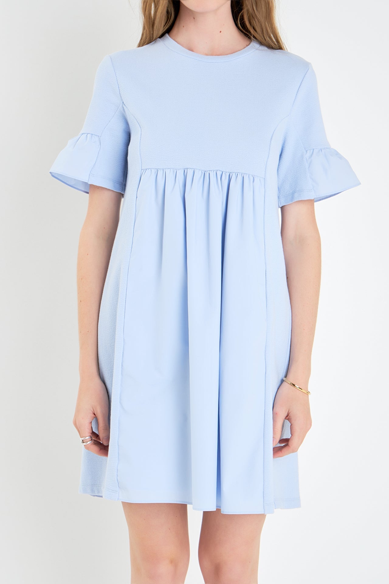 Mixed Media Ruffled Short-Sleeve Mini Dress