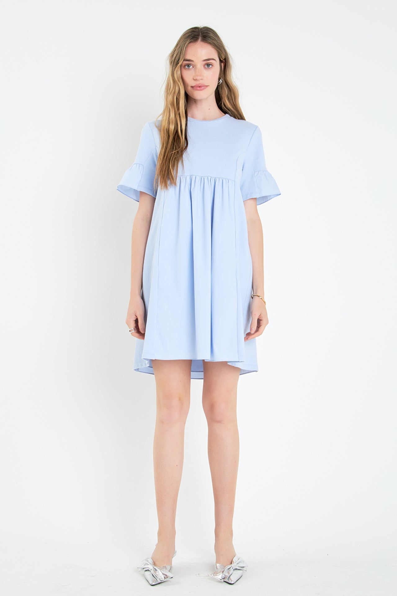 Mixed Media Ruffled Short-Sleeve Mini Dress
