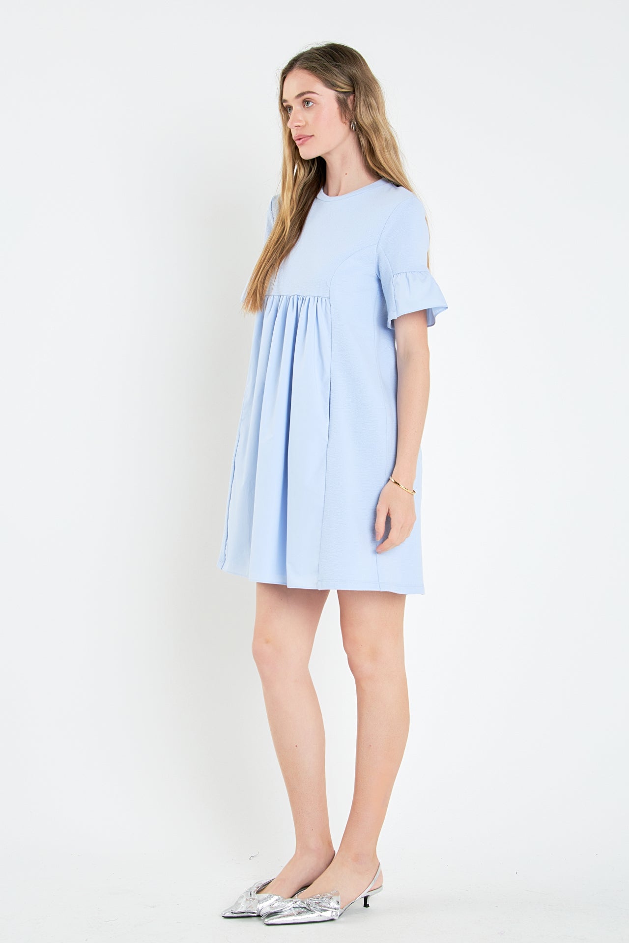 Mixed Media Ruffled Short-Sleeve Mini Dress