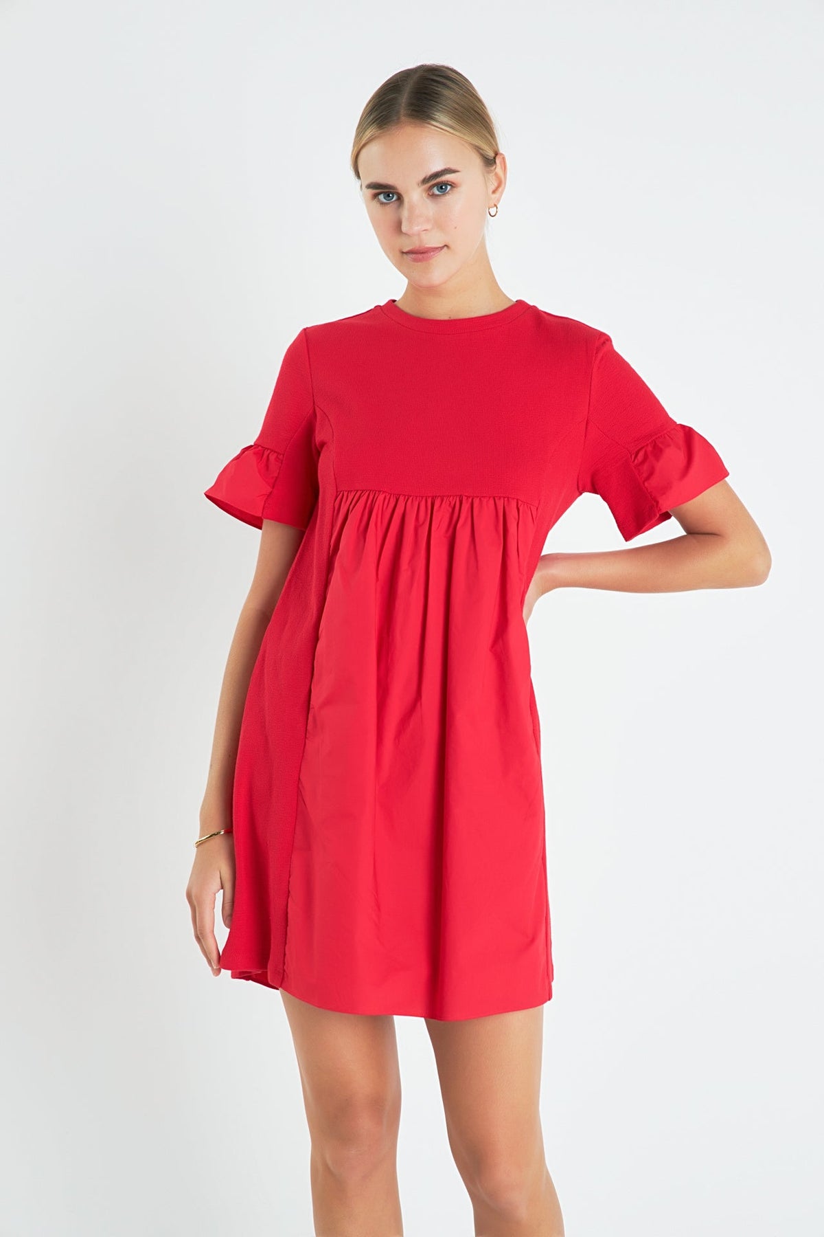 Mixed Media Ruffled Short-Sleeve Mini Dress