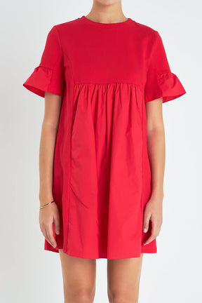 Mixed Media Ruffled Short-Sleeve Mini Dress