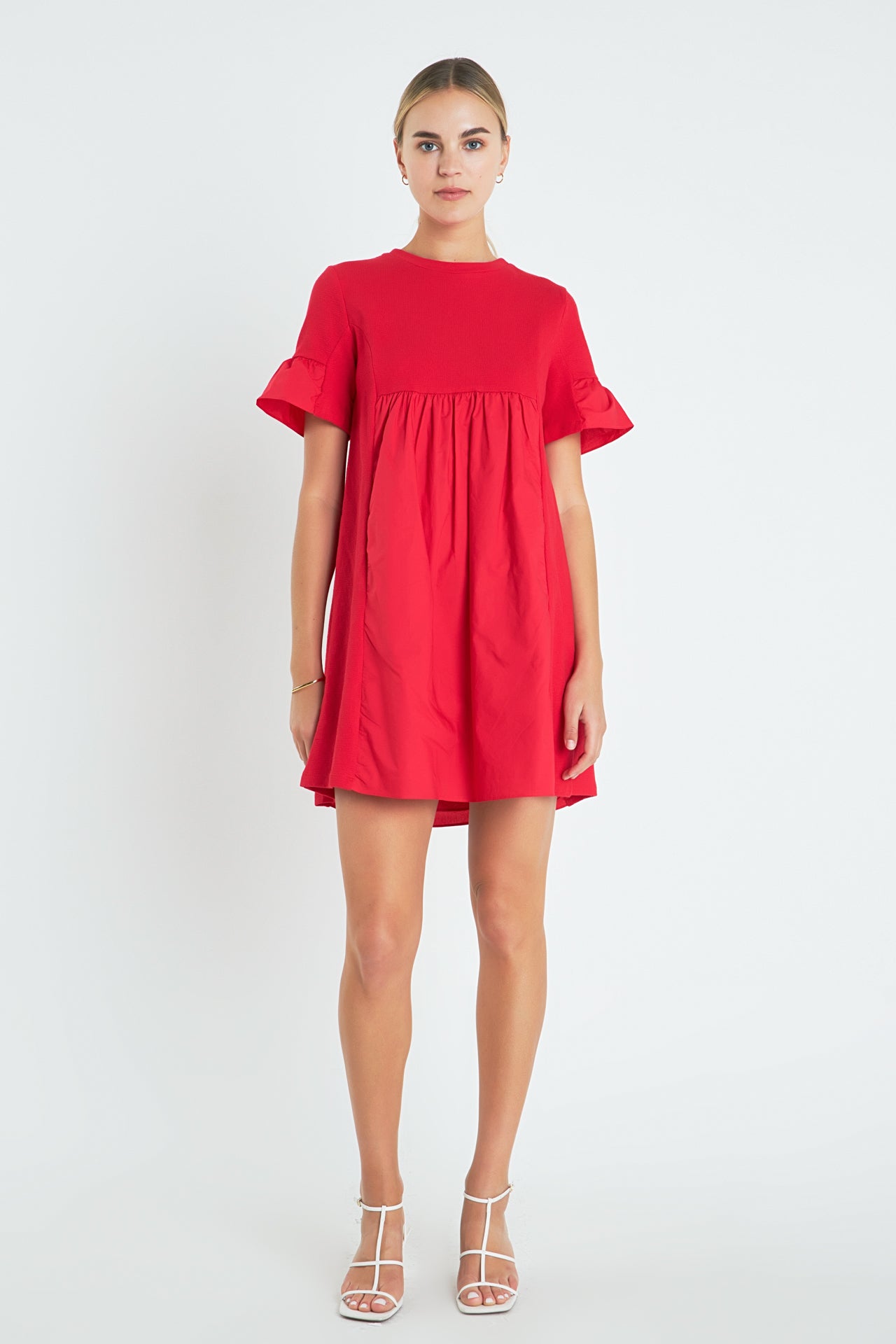 Mixed Media Ruffled Short-Sleeve Mini Dress