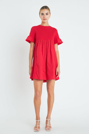 Mixed Media Ruffled Short-Sleeve Mini Dress
